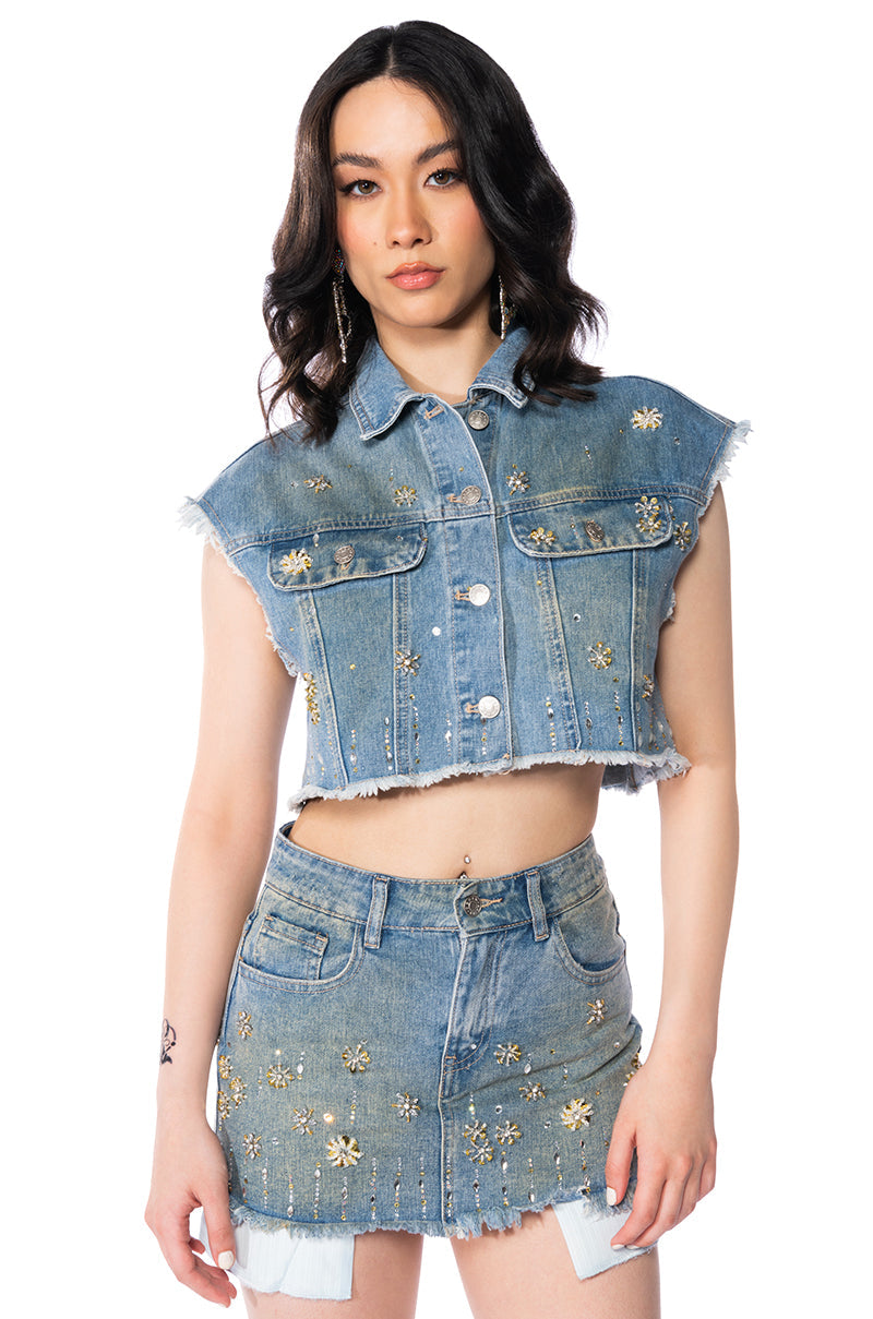 Y2K RHINESTONE MINI DENIM SKIRT
