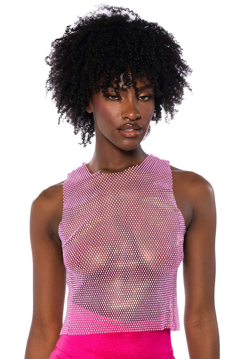 ZELDA RHINESTONE MESH SLEEVELESS TOP IN PINK