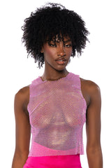 ZELDA RHINESTONE MESH SLEEVELESS TOP IN PINK