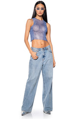 ZELDA RHINESTONE MESH SLEEVELESS TOP IN BLUE