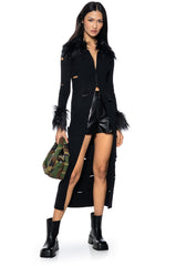 ZOE DISTRESSED FAUX FUR DETAIL MAXI CARDIGAN