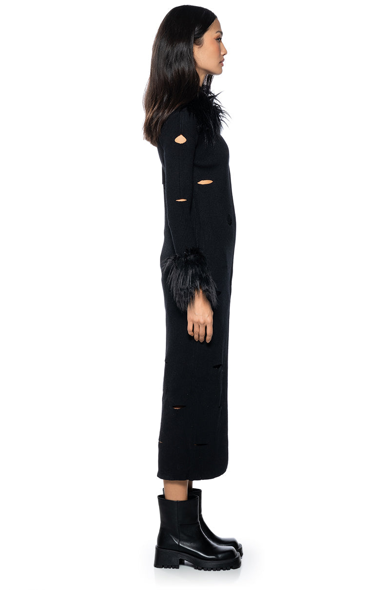 ZOE DISTRESSED FAUX FUR DETAIL MAXI CARDIGAN