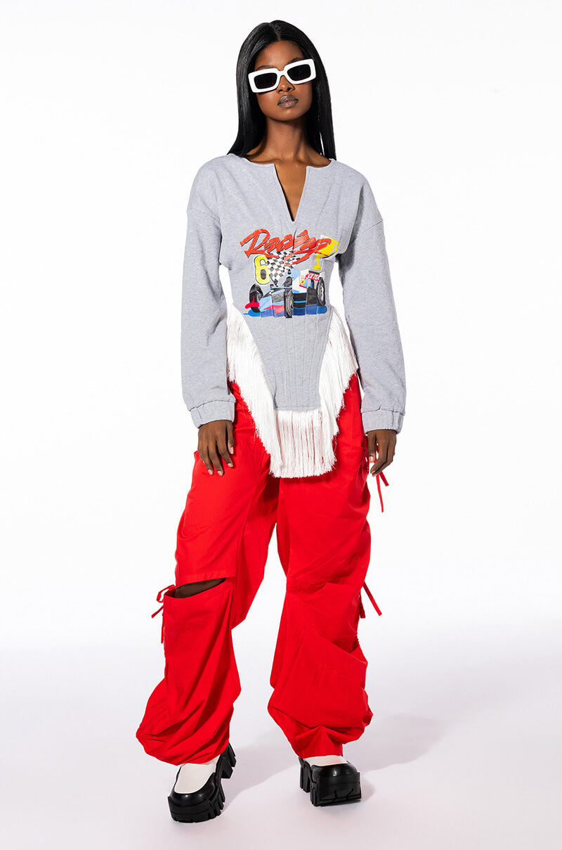 ZOOM ZOOM CORSETED FRINGE SWEATSHIRT